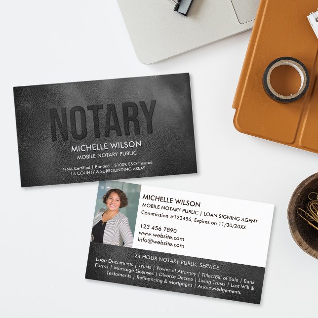 Enkelt notariskt offentligt lån som undertecknar A Visitkort (black  leather with embossed "notary" text business card)
