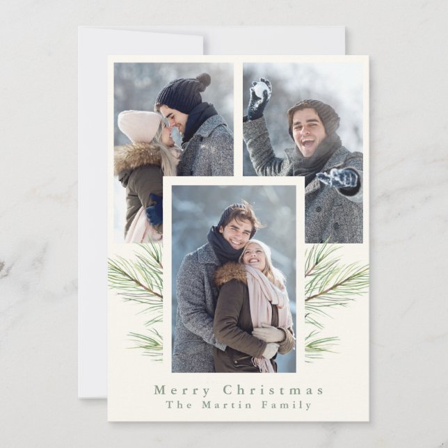 Enkelt och festive Greenery Ivory Three Photo Julkort (Framsida)