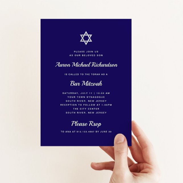 Enkelt och fet blå vit och Silver Pub Mitzvah Inbjudningar (Skapare uppladdad)