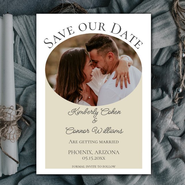 Enkelt oval Photo Save the Date | Beige Spara Datumet (Beige Simple Oval Photo Save the Date)