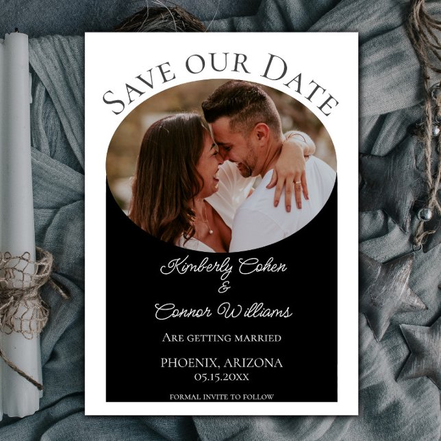 Enkelt oval Photo Save the Date | Svart Spara Datumet (Black Simple Oval Photo Save the Date)