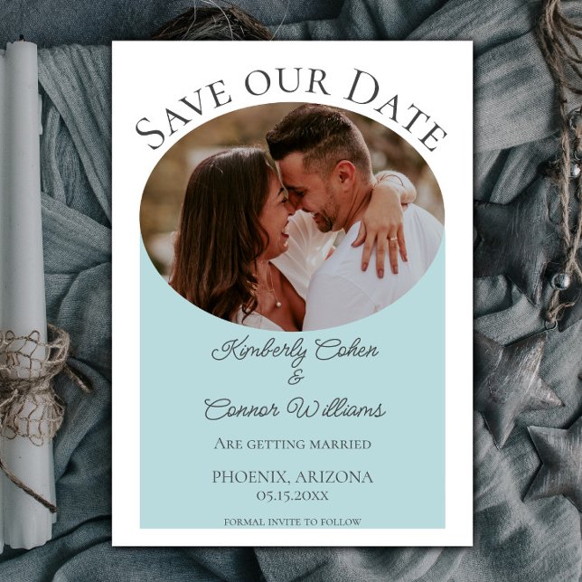 Enkelt oval Photo Save the Date | Teal Spara Datumet (Teal Simple Oval Photo Save the Date)