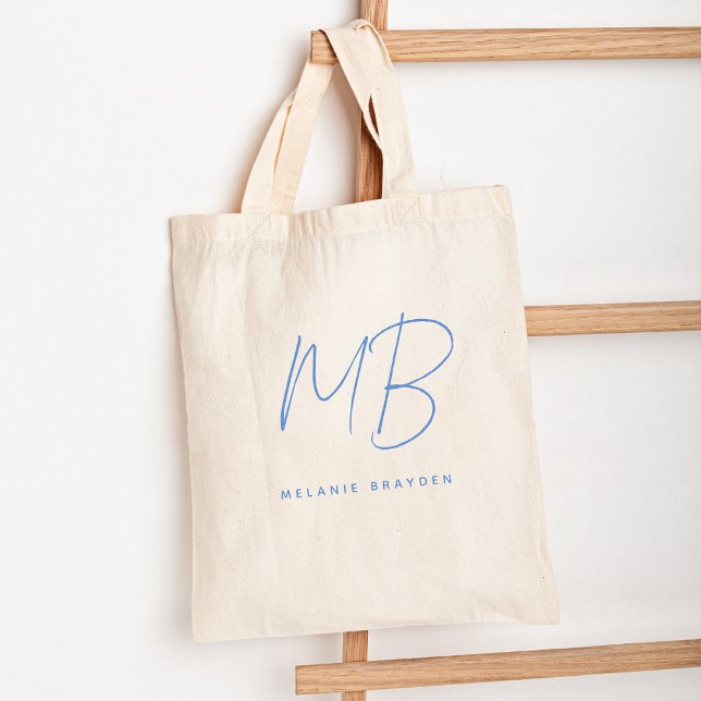 Enkelt Pastel Blue Minimalist 2 Monogram Namn Tygkasse (Skapare uppladdad)