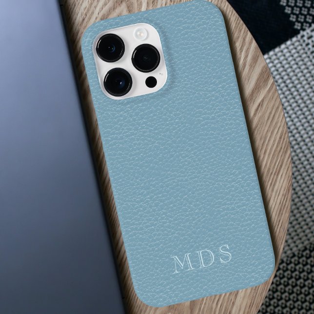 Enkelt pastellblå faux-läder, Monogrammat (A pretty pastel blue faux leather look phone case with space for your initials)