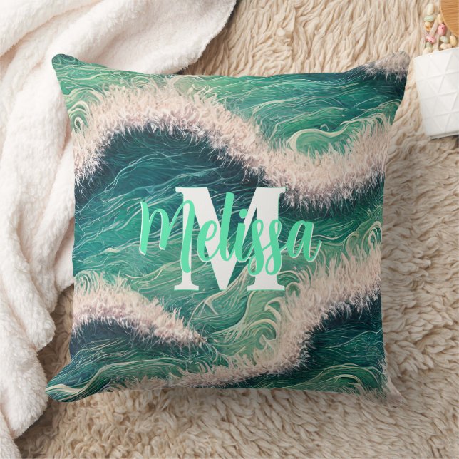 Enkelt pastellhav vågar Monogrammat Kudde (Filt)