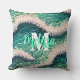 Enkelt pastellhav vågar Monogrammat Kudde