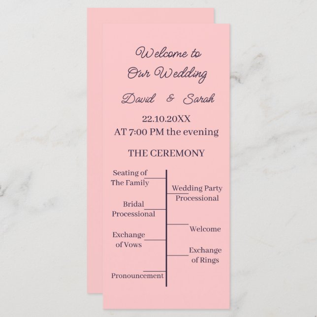 Enkelt Peach Personligt bröllp-program (Fram/baksida)