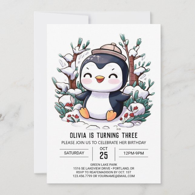 Enkelt Penguin Digital Birthday Inbjudningar (Framsida)