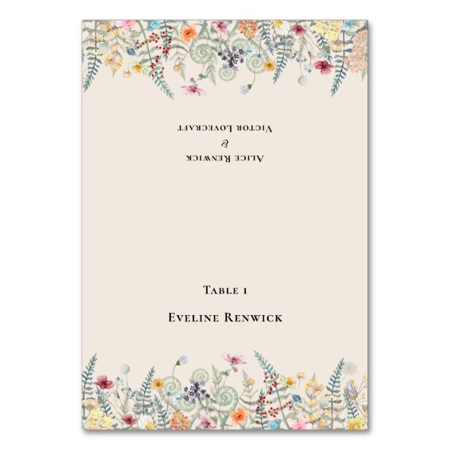 Enkelt platskort för Wildblomma Fern Bröllop, plac Bordsnummer (Framsidan)