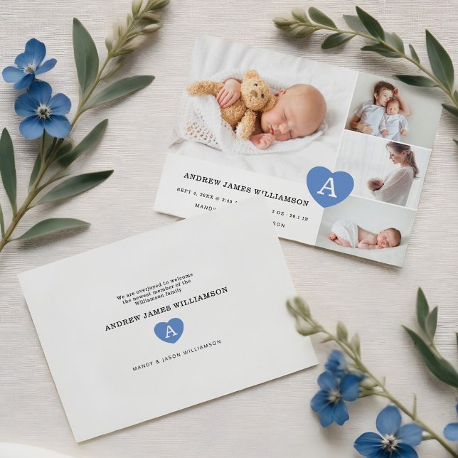 Enkelt Pojke Photo Collage Blue Monogram Heart Meddelande (Simple Baby Boy Photo Collage Blue Monogram Heart Announcement)