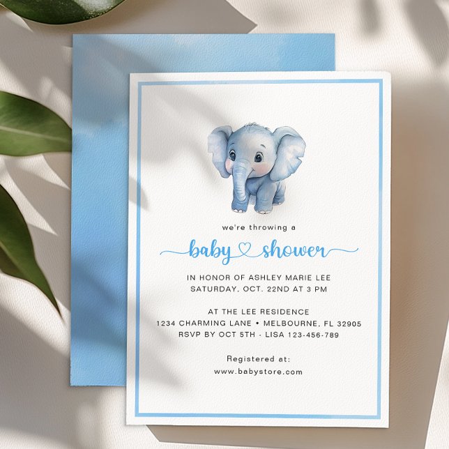 Enkelt Pojke Shower Watercolor Elephant Inbjudningar (Simple Elephant Baby Shower Invitation)