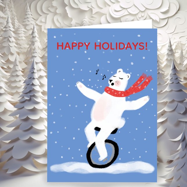 Enkelt Polar - Bear-Jul Punny-Anpassningsbar Helgkort (Singing Unicycle Polar Bear Christmas Punny Custom Non- Photo Personalized Holiday Card / Digital
)
