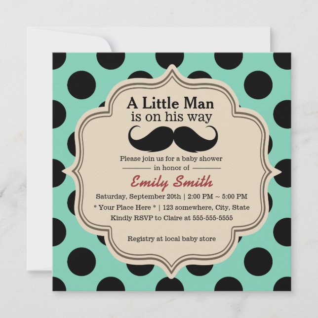 Enkelt Polka dots Mustache Little Man Baby Shower Inbjudningar (Framsida)