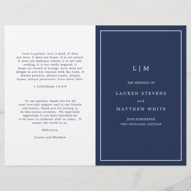 Enkelt program för marin blå Monogram Elegant bröl (Framsida)