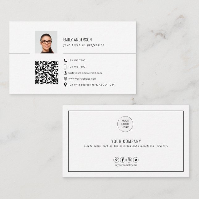 Enkelt QR-affärskort med foto, rengör Visitkort (Fram/baksida)