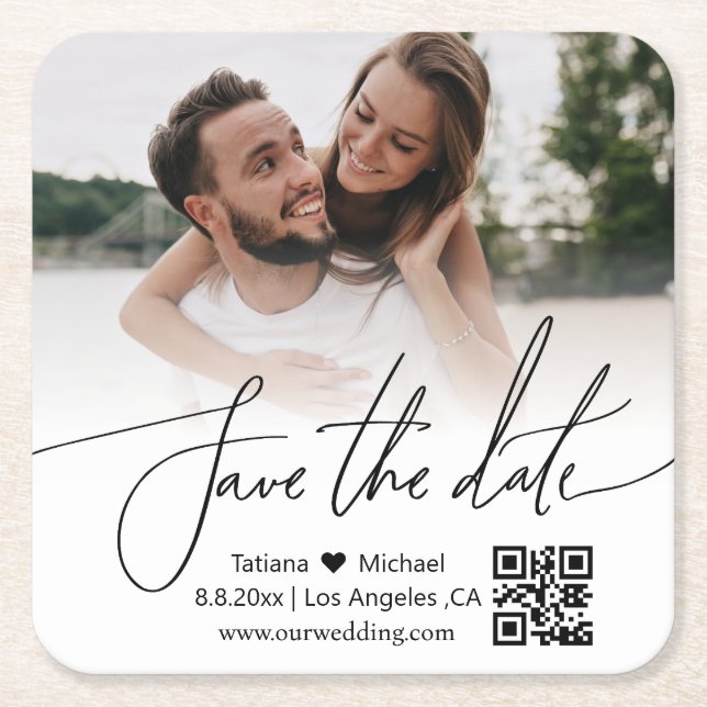 enkelt qr-kod parfoto spara datum underlägg papper kvadrat (Framsidan)