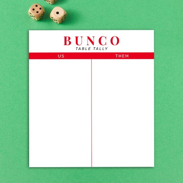 Enkelt Red and White Bunco Bord Tally-Anteckningsb Anteckningsblock (modern tear-off notepad Bunco score card with red graphic accents)
