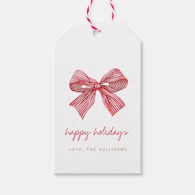 Enkelt Red Candy Rand Bow Jul Presentetikett (Framsidan)
