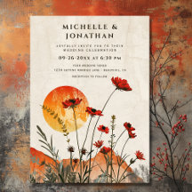 Enkelt Red Poppies Boho Wildblommor Sunset Bröllop