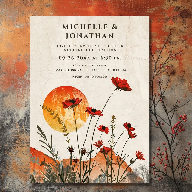 Enkelt Red Poppies Boho Wildblommor Sunset Bröllop Inbjudningar (Front - Simple Red Poppies Boho Wildflowers Sunset Wedding Invitation)