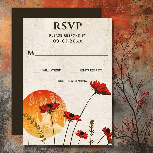 Enkelt Red Poppies Boho Wildblommor Sunset Bröllop OSA Kort (Simple Red Poppies Boho Wildflowers Sunset Wedding RSVP Card)