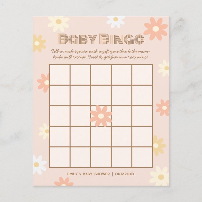Enkelt Retro Boho-Daisy Babykläder Bingo Game (Framsida)