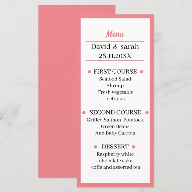Enkelt Ro Bröllop-middag Meny (Fram/baksida)