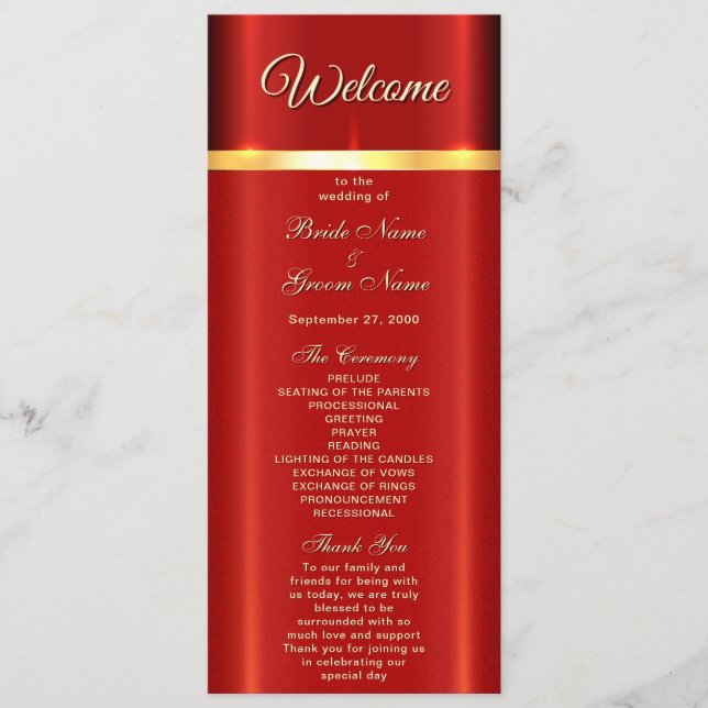 Enkelt rödBröllopsprogram Program (Framsida)