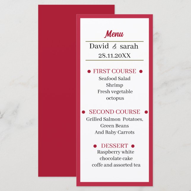 Enkelt rödfärgad Bröllop-middag Meny (Fram/baksida)