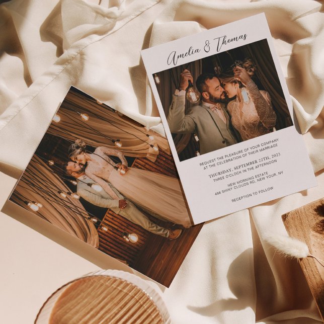 Enkelt romantiskt minimalistiskt två foto Bröllop Inbjudningar (Skapare uppladdad)