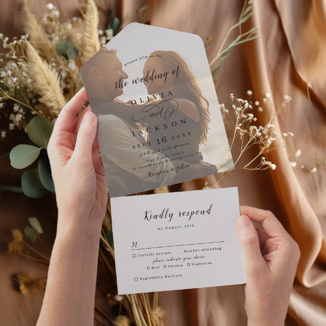 Enkelt romantiskt skript för elegant, bröllop (Simple elegant romantic script photo wedding all in one invitation)