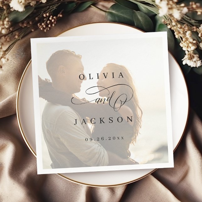 Enkelt romantiskt skript för elegant, bröllop pappersservett (Simple elegant romantic script photo wedding napkins)