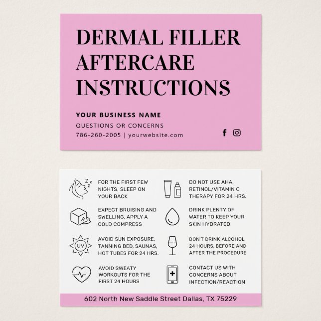 Enkelt Rosa Dermal Filler Aftercare-kort Visitkort (Framsida & baksida)