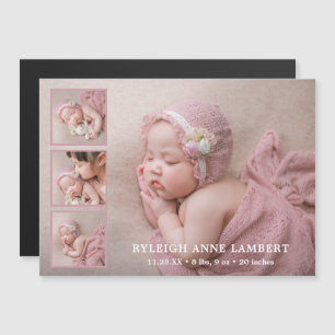 Enkelt Rosa Girl Photo Collage Birth-meddelande Magnetisk Inbjudningskort