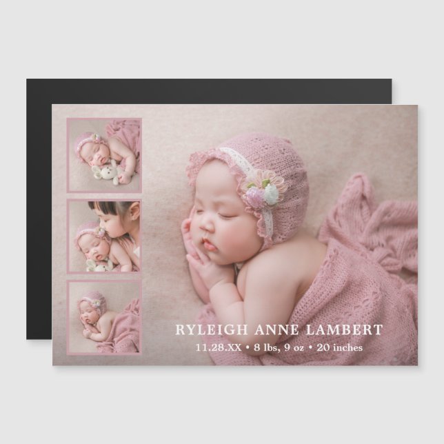 Enkelt Rosa Girl Photo Collage Birth-meddelande Magnetisk Inbjudningskort (Fram/baksida)