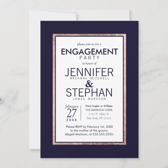 Enkelt rosa guld fodrad marinblå förlovningsfest inbjudningar (Framsida)