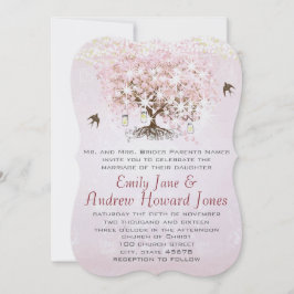 Enkelt Rosa Hjärtblad Träd Kärlek Fågel Bröllop Inbjudningar