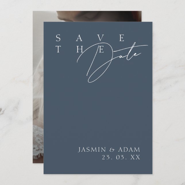 Enkelt Royal Blue Opulence Modern Photo Bröllop Spara Datumet (Fram/baksida)