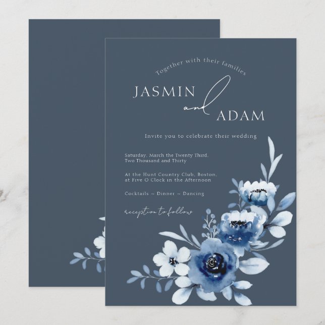 Enkelt Royal Blue Ro Blommigt Bröllop Inbjudningar (Fram/baksida)