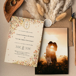 Enkelt Rustic Fall Beige Bröllop Monogram Foto Inbjudningar