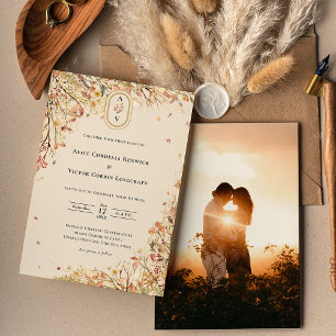 Enkelt Rustic Fall Beige Bröllop Monogram Foto Inbjudningar