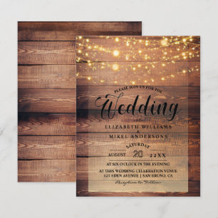 Enkelt Rustic Natural Wood Ljus String bröllop Inbjudningar