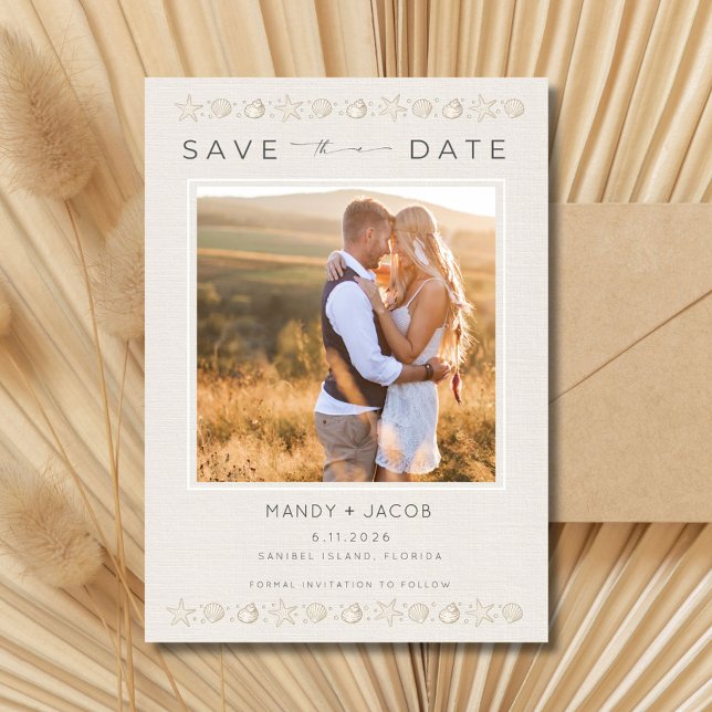 Enkelt Seashell Beach Wedding Spara datumet (Simple Seashell Beach Wedding Save the Date)