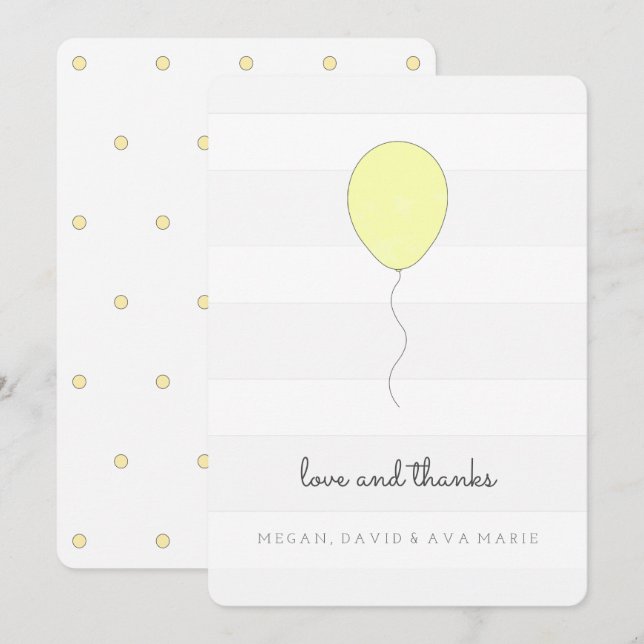 Enkelt Shabby chic Grått och Gult Ballon Birthday Tack Kort (Fram/baksida)