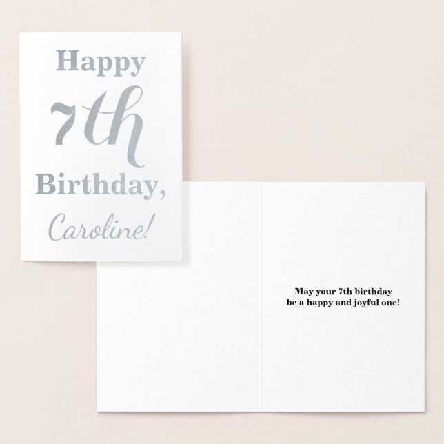 Enkelt Silver Foil 7:e Birthday + Anpassat namn Folierat Kort (Display)