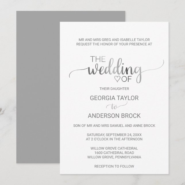 Enkelt silverfärgat folkalligrafi för formeln Bröl Inbjudningar (Fram/baksida)