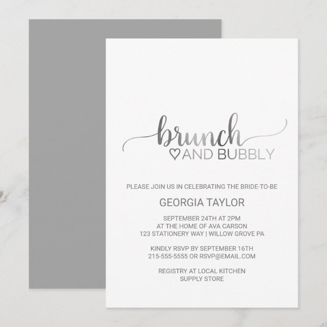 Enkelt silverfärgat oljekalligrafi Brunch och Bubl Inbjudningar (Fram/baksida)