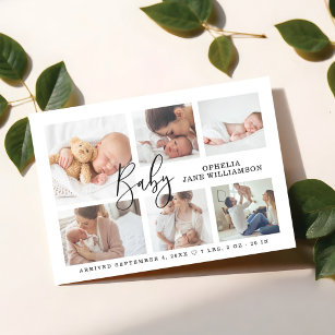 Enkelt skript Baby Birth Photo Collage White Magnetisk Inbjudningskort