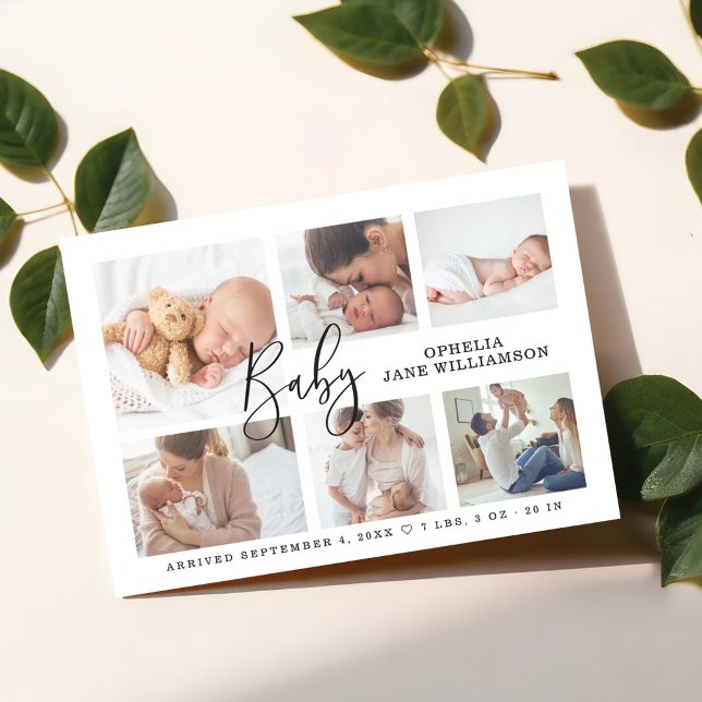 Enkelt skript Baby Birth Photo Collage White Magnetisk Inbjudningskort (Simple Script Baby Birth Photo Collage White Magnetic Invitation)