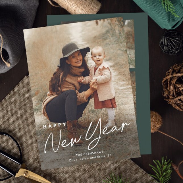 Enkelt skript Gott nytt år 3-foto Julkort (Simple Script 3 Photo New Years Holiday Card.)